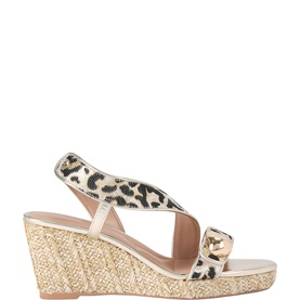 Carvela Sorano Wedge Heels in leopard print fabric with branded pebble stud toe strap and raffia-style wedge heel