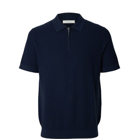 Selected Cran Zip Polo Shirt in navy, short-sleeve knit polo with zip collar and straight hemline