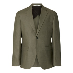 Selected olive green suit jacket with notch lapels, two-button front, flap pockets, and brown lining visible at collar