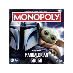 Hasbro Star Wars: The Mandalorian and Grogu Monopoly board game box featuring Mando and Grogu artwork, ages 8+