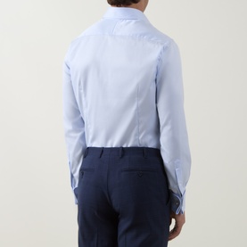 Model wearing Gherardi Light Blue Double Cuff Regular shirt, rear view, styled with navy trousers