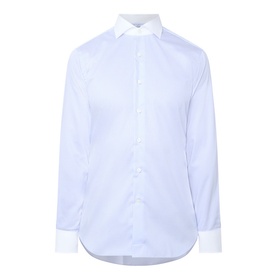 Gherardi Twill Striped Single-Cuff Shirt in light blue with white contrast collar and cuffs, point collar, front button fastening, curved hem.