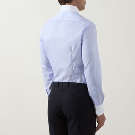 Model wearing Gherardi Twill Striped Single-Cuff Shirt in light blue with white contrast collar and cuffs, styled with black trousers. Rear view.