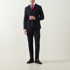 Model wearing Gherardi Twill Striped Single-Cuff Shirt in light blue, white collar and cuffs, styled with navy double-breasted suit and red tie.