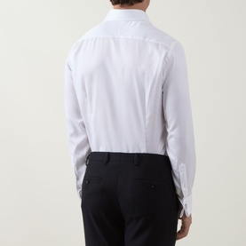 Model wearing Gherardi White Double Cuff Regular Shirt, rear view, styled with black trousers.