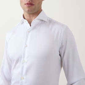 Model wearing Gherardi White Double Cuff Regular formal shirt, 100% cotton, close-up showing spread collar and button placket detail.