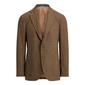 Polo Ralph Lauren tan brown herringbone wool blazer, notch lapel, two-button front, patch pockets, beige lining visible