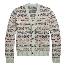 Ralph Lauren Green Combo fair isle knit cardigan with V-neck, button front, and front pocket