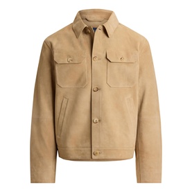 Ralph Lauren cafe tan suede casual jacket with dual chest flap pockets and button-through front fastening
