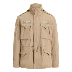 Polo Ralph Lauren sand beige cotton field jacket with four front pockets, drawstring waist, stand collar, and embroidered wing badge