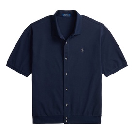 Polo Ralph Lauren navy short-sleeve knit shirt with button-front placket, camp collar, and embroidered pony logo