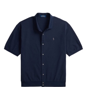Polo Ralph Lauren navy short-sleeve knit shirt with button-front placket, camp collar, and embroidered pony logo
