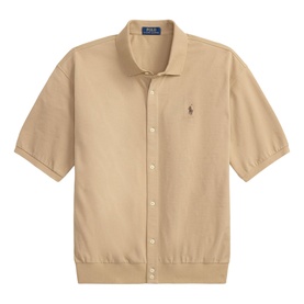 Ralph Lauren vintage khaki short-sleeve knit casual shirt with button placket, camp collar, and ribbed hem