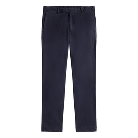 Navy slim-fit chino trousers with belt loops, zip fly, and tapered leg, laid flat on white background