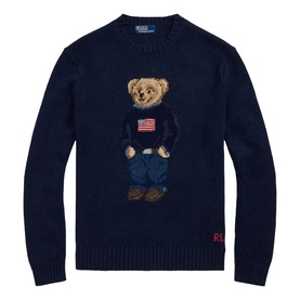 Polo Ralph Lauren navy knit crew-neck jumper with large embroidered Polo Bear holding American flag motif, red RL logo at hem