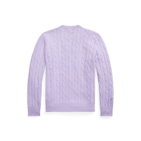 Ralph Lauren tanzanite purple cable-knit crew neck sweater, back view showing textured cable pattern and ribbed hem and cuffs.