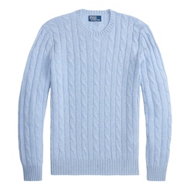 Polo Ralph Lauren light blue cable-knit cashmere crew neck jumper with ribbed cuffs and hem