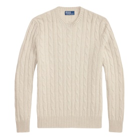 Polo Ralph Lauren cable-knit crew neck jumper in oatmeal, featuring ribbed cuffs and hem with signature chest logo