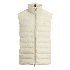 Ralph Lauren basic sand quilted down gilet with zip front, funnel neck, and embroidered pony logo