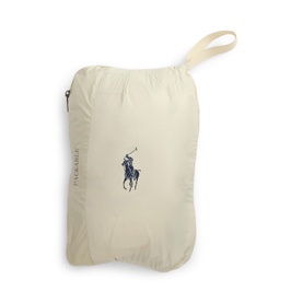 Ralph Lauren gilet packed into Basic Sand zip pouch with navy Polo Pony logo and loop handle