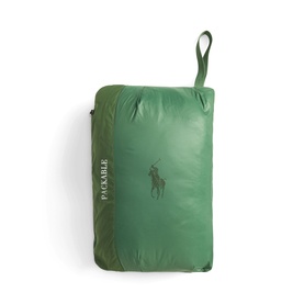 Ralph Lauren green packable gilet folded into its own storage pouch with embroidered polo pony logo and hanging loop.