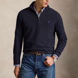 Model wearing Ralph Lauren Navy Heather half-zip knit sweater, styled with chambray shirt, jeans and brown leather belt.
