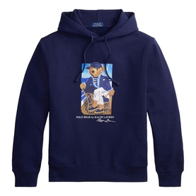 Ralph Lauren navy hoodie with Polo Bear graphic print on chest, kangaroo pocket, and drawstring hood