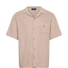 Ralph Lauren light walnut brown heather knit short-sleeve camp collar shirt with chest pocket and logo embroidery