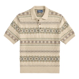 Cream knitted polo shirt with multicolour Fair Isle pattern, short sleeves, and three-button placket