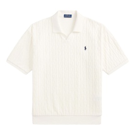 Ralph Lauren white cable-knit polo shirt with open collar, short sleeves, and navy pony logo embroidery