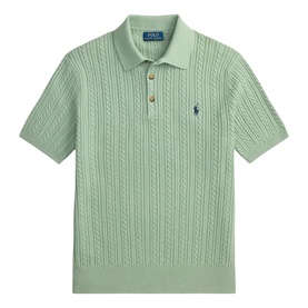 Polo Ralph Lauren sage green cable-knit short-sleeve polo shirt with three-button placket and embroidered pony logo