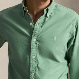 Model wearing Ralph Lauren Reg Shirt in Faded Mint, close-up showing button-down collar and embroidered Polo Pony logo
