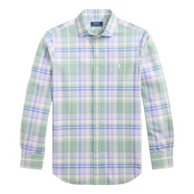 Ralph Lauren Reg Shirt in faded mint lavender multi plaid check, long sleeves, button-front, with embroidered polo pony logo