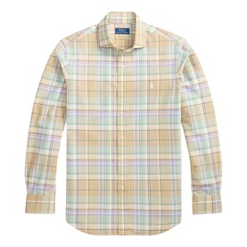 Ralph Lauren Reg Shirt in khaki and faded mint plaid check, long sleeve with button front and embroidered pony logo