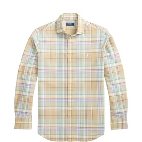 Ralph Lauren Reg Shirt in khaki and faded mint plaid check, long sleeve with button front and embroidered pony logo