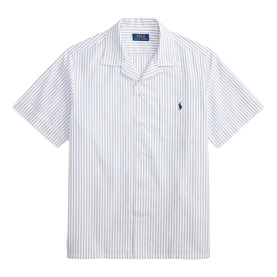 Ralph Lauren Reg Shirt in white and royal blue stripe, short-sleeve, camp collar, with embroidered Polo Pony logo