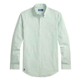 Ralph Lauren Reg Shirt in faded mint and white stripe, long sleeve, button-down collar, chest pocket, embroidered pony logo