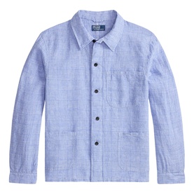 Polo Ralph Lauren light blue linen-blend overshirt with chest pocket, two patch pockets, and navy button placket