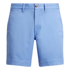 Ralph Lauren men's shorts in Bristol Blue, flat-front chino style with gold button fastening and side pockets