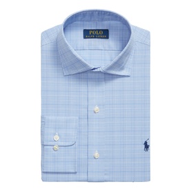 Polo Ralph Lauren light blue check dress shirt with navy embroidered logo, spread collar, and button cuffs