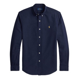 Ralph Lauren Slim Shirt in navy with gold Polo Pony embroidery, button-down collar, long sleeves, and front button placket