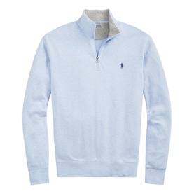 Ralph Lauren office blue quarter-zip sweatshirt with grey fleece collar and embroidered polo pony logo