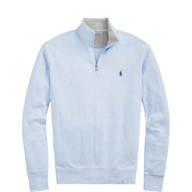 Ralph Lauren office blue quarter-zip sweatshirt with grey fleece collar and embroidered polo pony logo
