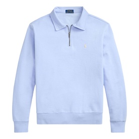 Ralph Lauren Pebble Blue half-zip sweatshirt with polo collar, ribbed cuffs and hem, yellow embroidered pony logo