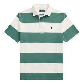 Ralph Lauren striped polo shirt in Antique Green and Oxford White with short sleeves and navy embroidered pony logo