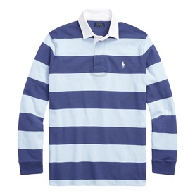 Ralph Lauren light navy and elite blue wide stripe long-sleeve rugby shirt with white collar and embroidered pony logo