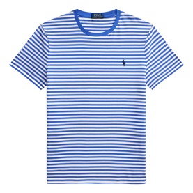 Ralph Lauren men's T-shirt in New Iris Blue and white horizontal stripes, crew neck, short sleeves, with embroidered pony logo