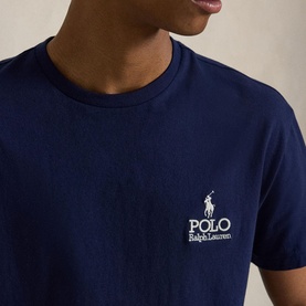 Model wearing Ralph Lauren Newport Navy T-shirt, crew neck, with embroidered Polo Ralph Lauren chest logo.