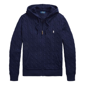Ralph Lauren bright navy cable-knit zip-through hoodie with drawstring hood and signature pony logo embroidery