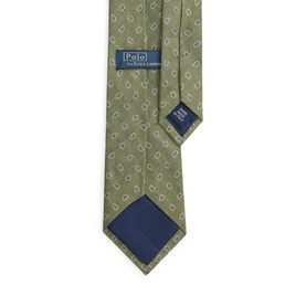 Ralph Lauren Polo green silk tie with cream paisley print pattern and navy lining, shown flat with brand label visible.